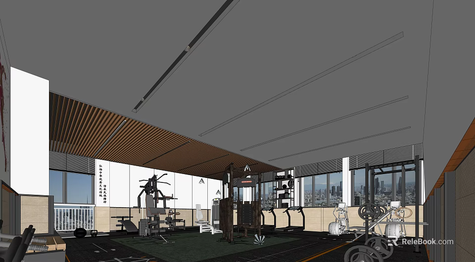Spacious Modern Fitness Gym With Training Equipment And Large Windows 3d model 