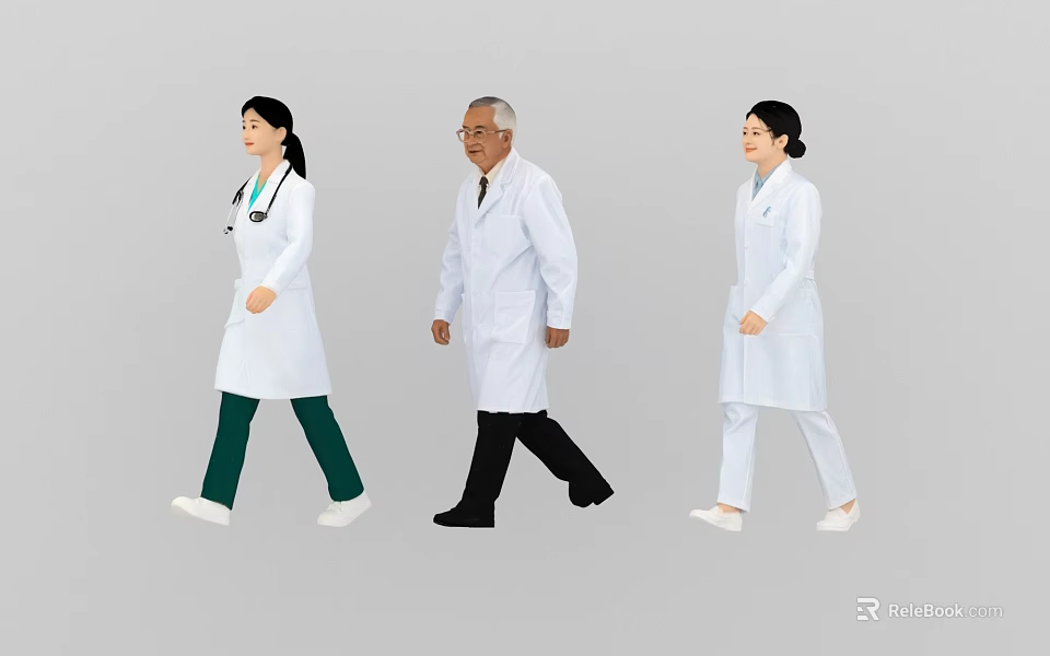 Three Medical Professionals in White Coats Walking Together 3d model 