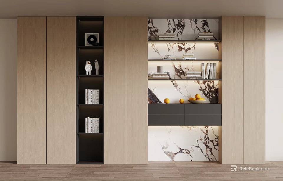 Modern Wooden Bookcase Interior Design With Books Decorative Items And Ambient Lighting 3d model 