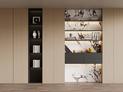 Modern Wooden Bookcase Interior Design With Books Decorative Items And Ambient Lighting 3d model
