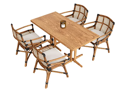 Natural Wooden Rectangular Table And Rattan Armrest Chairs With Light Cushions Set 3d model