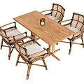 Natural Wooden Rectangular Table And Rattan Armrest Chairs With Light Cushions Set 3d model