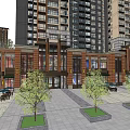 Modern Commercial Street With Glass Windows Outdoor Seating Cafes And High Rise Buildings