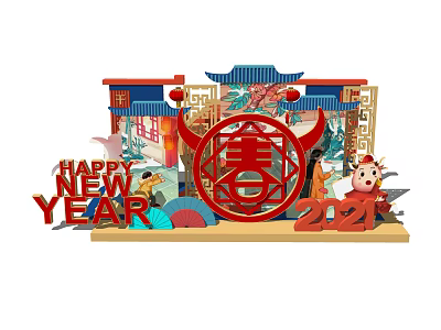 Chinese New Year 2021 Photo Spot With Red Spring Character Happy New Year Decor 3d model