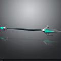 Arrow Weapon With Green Arrowhead Blue Shaft Silver Fletching On Reflective Surface