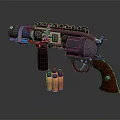 Detailed Revolver With Wooden Grip Metal Components Blue Red Accents And Copper Bullets