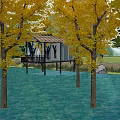 Autumn Metasequoia Forest With Orange Red Leaves And Cabin Reflection In Water