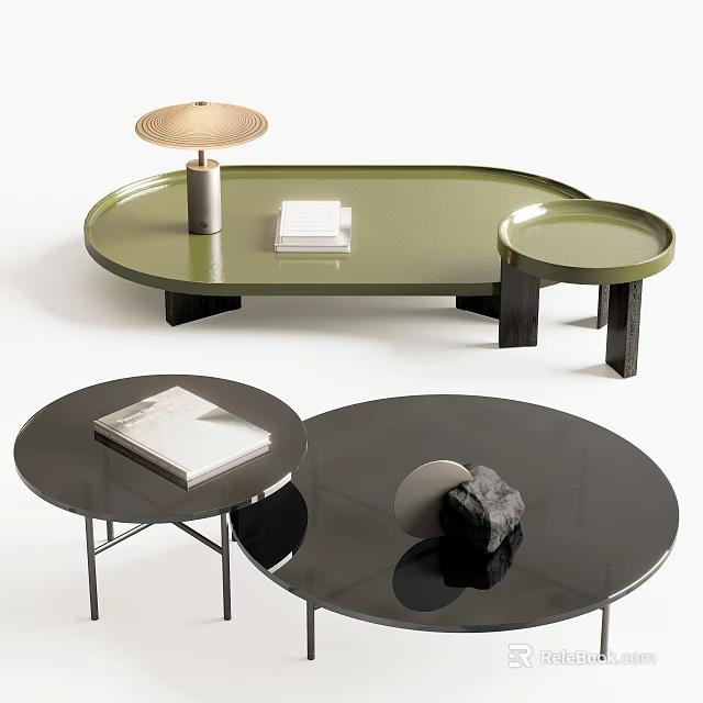Modern Green Oval And Black Round Coffee Tables With Tray Books Stone Decor 3d model 