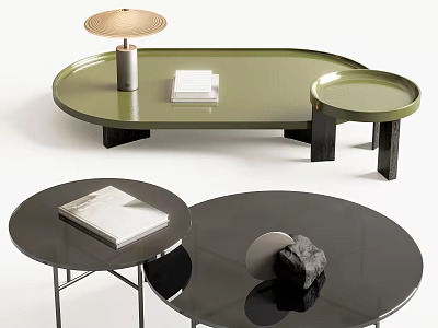 Modern Green Oval And Black Round Coffee Tables With Tray Books Stone Decor 3d model