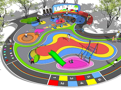 Colorful Children's Playground Area With Slide Climbing Structure Circular Zones Track And Trees 3d model