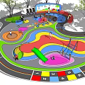 Colorful Children's Playground Area With Slide Climbing Structure Circular Zones Track And Trees