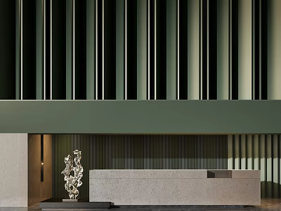 Modern Front Desk Reception Area With Striped Wall Sculpture Ornament And Elegant Design 3d model