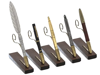 Vintage Feather and Modern Fountain Pens on Wooden Bases with Metal Stands in Various Colors 3d model