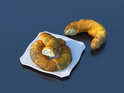 Two Poppy Seed Bread Rolls On White Plate With Bitten Piece 3d model