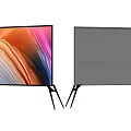 Two Modern TVs With Colorful Wave Display And Black Screen On Black Stands