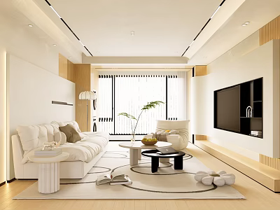 Modern Living Room Interior With White Sofa Round Coffee Table Plants And Large Window 3d model
