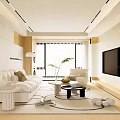 Modern Living Room Interior With White Sofa Round Coffee Table Plants And Large Window