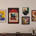Creative Photo Wall With Cartoon Characters Geometric Patterns And Vinyl Record Decor 3d model