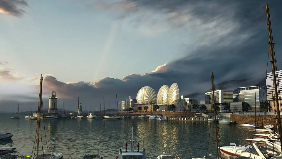 Scenic Harbor View With Shell Shaped Buildings Boats And City Skyline 3d model 