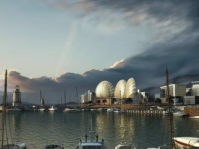 Scenic Harbor View With Shell Shaped Buildings Boats And City Skyline 3d model