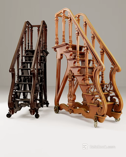Carved Wooden Staircases In Dark And Light Tones With Decorative Details And Wheels 3d model 