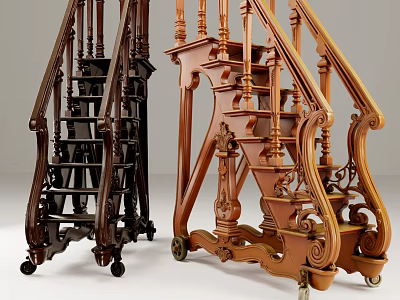 Carved Wooden Staircases In Dark And Light Tones With Decorative Details And Wheels 3d model