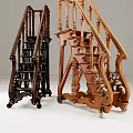 Carved Wooden Staircases In Dark And Light Tones With Decorative Details And Wheels