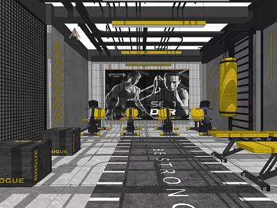 Modern Fitness Gym Interior With Yellow Black Equipment And BE STRONG Floor 3d model