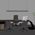 Wooden Office Desk with Black Legs White Computer Black Pendant Light Green Plant and Chairs