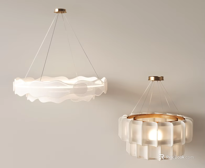 Modern Hanging Chandeliers With White Wavy Shades And Gold Metal Accents 3d model 