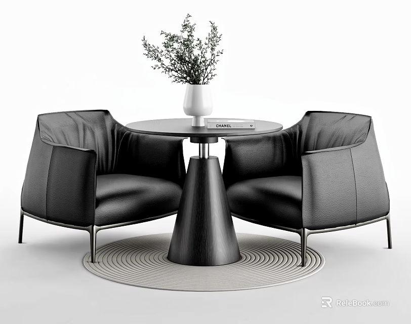 Modern Round Table with Black Leather Chairs and Vase Green Plant on Round Rug 3d model 
