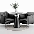 Modern Round Table with Black Leather Chairs and Vase Green Plant on Round Rug