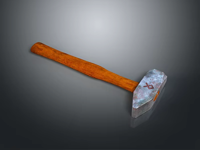 Vintage Hammer Weapon with Wooden Handle and Metal Head Featuring Cross Symbol 3d model