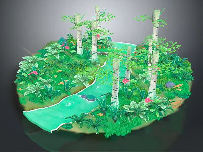 Cartoon Tropical Island Scene With Green River Lush Plants Trees And Flowers 3d model