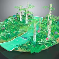 Cartoon Tropical Island Scene With Green River Lush Plants Trees And Flowers