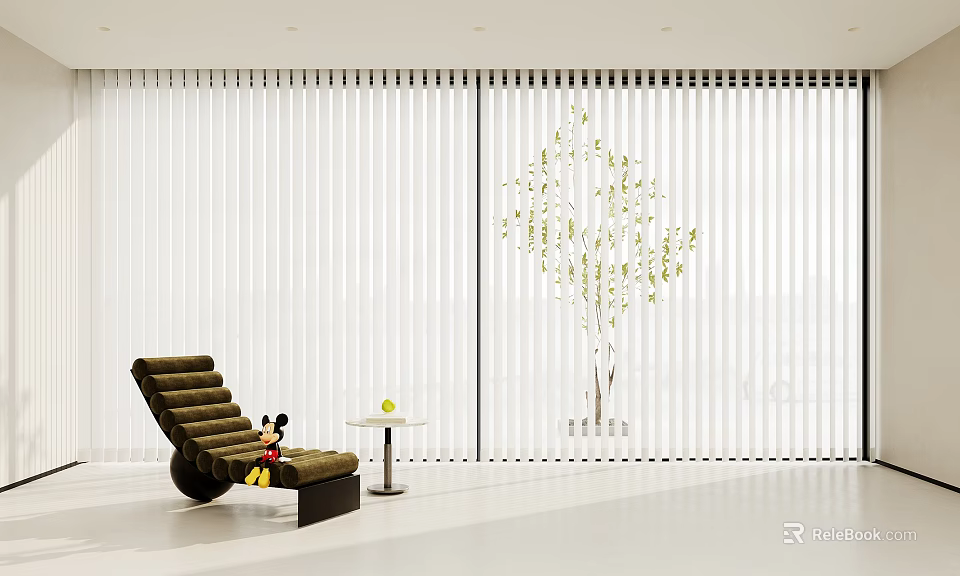 White Vertical Blinds In Modern Interior Featuring Brown Lounge Chair Round Table And Decorative Tree 3d model 