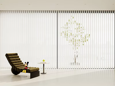 White Vertical Blinds In Modern Interior Featuring Brown Lounge Chair Round Table And Decorative Tree 3d model