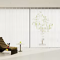 White Vertical Blinds In Modern Interior Featuring Brown Lounge Chair Round Table And Decorative Tree