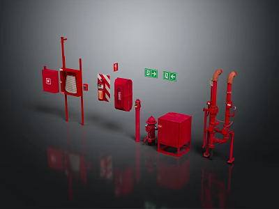 Commercial Safety Equipment Including Red Fire Hydrants Extinguisher Cabinets And Signs 3d model