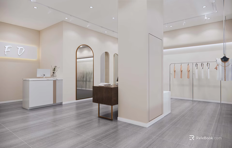 Modern Minimalist Clothing Store Interior With Hanging Racks Fitting Room And Cashier Desk 3d model 