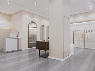 Modern Minimalist Clothing Store Interior With Hanging Racks Fitting Room And Cashier Desk 3d model
