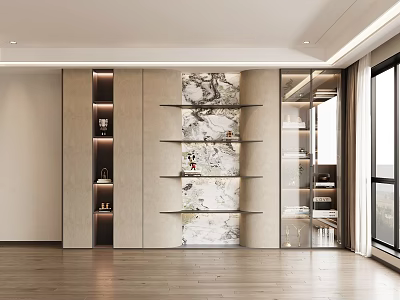 Modern Bookcase Interior With Marble Texture Open Shelves Glass Doors And Storage Design 3d model