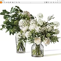 White Roses and Hydrangeas in Glass Vases with Green Leaves and Branches