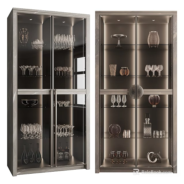 Elegant Modern Wine Cabinet With Glassware Bottles And Decorative Pieces 3d model 