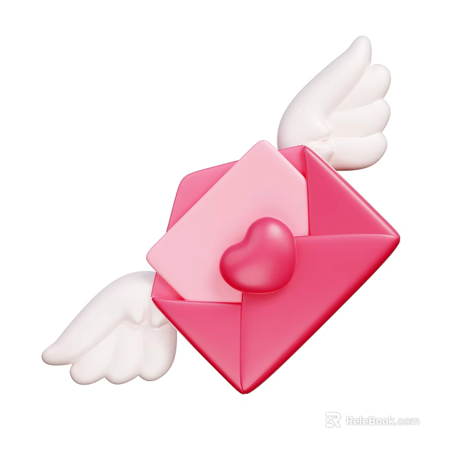 Adorable Decorative Ornament Set Featuring Pink Envelope Heart And White Wings 3d model 