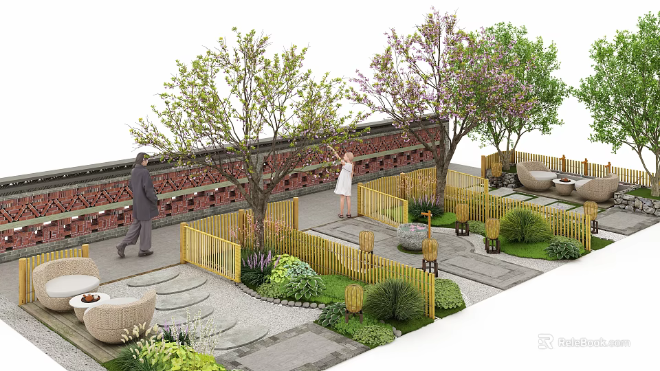 Serene Courtyard Garden With Lush Trees Stone Path Wooden Fence And Outdoor Seating 3d model 