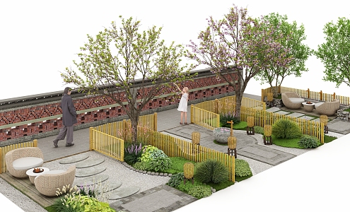 New Chinese Courtyard Garden Beautiful Country Courtyard Bamboo Fence Brick Low Wall 3d model