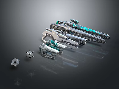 Futuristic Weapons with Blue Silver Metallic Texture Various Guns and Small Parts Scattered 3d model