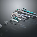 Futuristic Weapons with Blue Silver Metallic Texture Various Guns and Small Parts Scattered