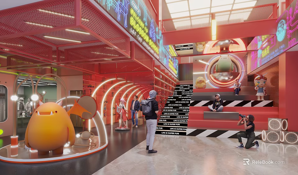 Vibrant Red Specialty Store With Neon Lights Black White Striped Staircase And Cartoon Mascot 3d model 